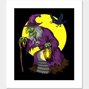 Scary Witch And Raven Halloween Posters and Art